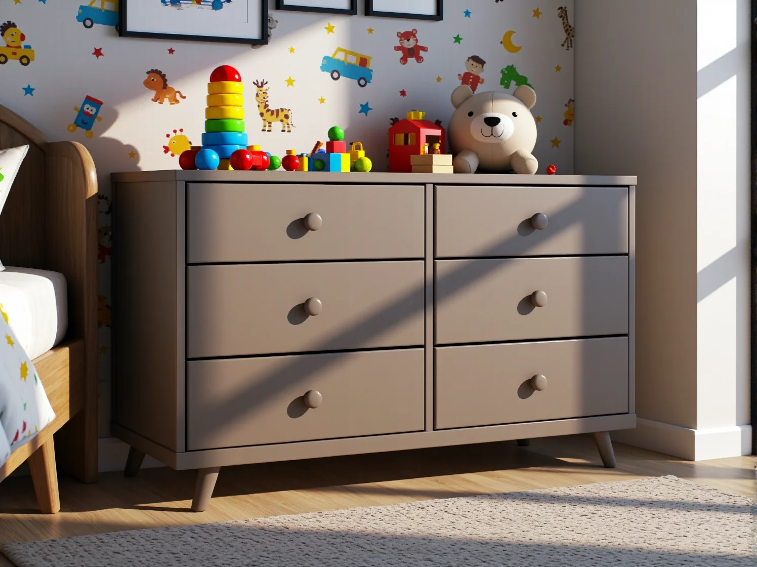 Stylowa komoda do pokoju dziecka łącząca nowoczesny design z praktycznym systemem przechowywania.