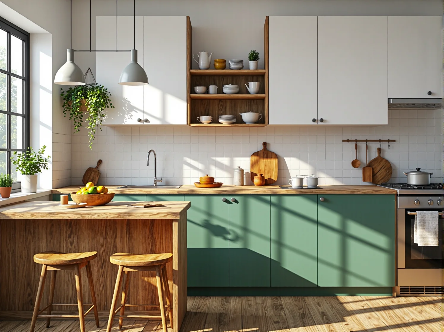 Funkcjonalne miejsce pracy w stylu retro z dużą ilością naturalnego światła.