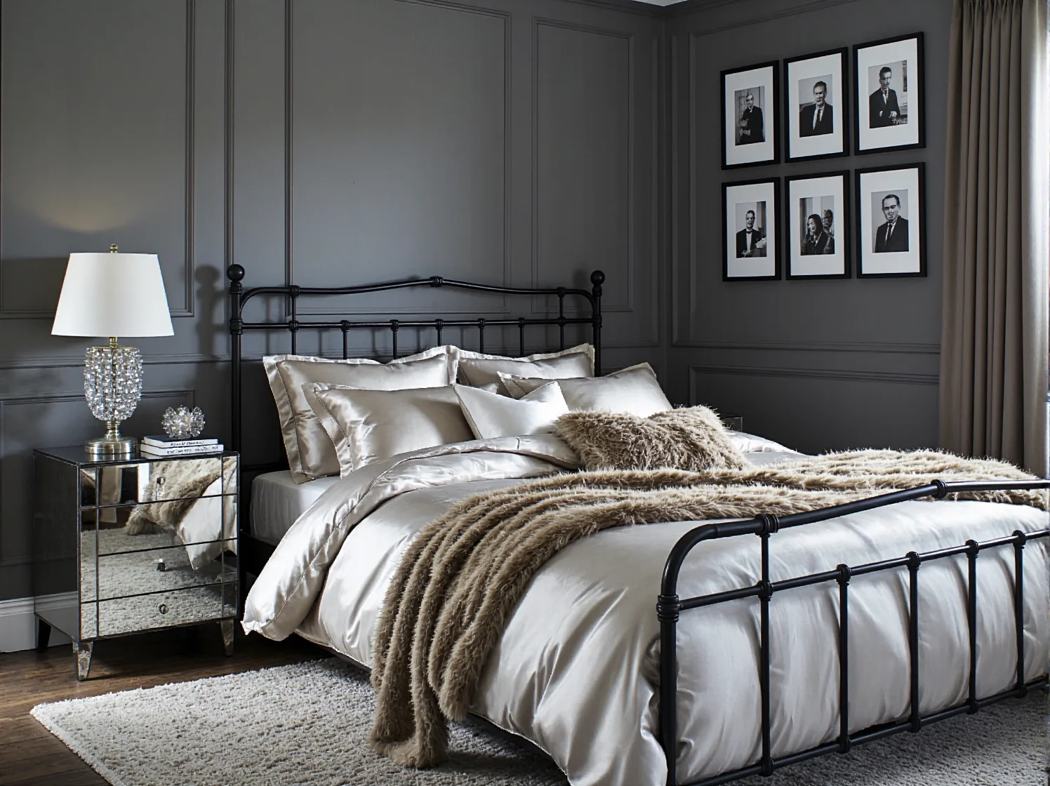 Sypialnia loftowa z metalowymi elementami wykończona miękkimi, luksusowymi tekstyliami w stylu glamour.