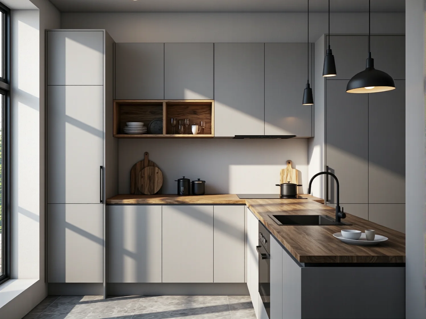 Sprytne systemy przechowywania w szafkach kuchennych w minimalistycznym stylu.