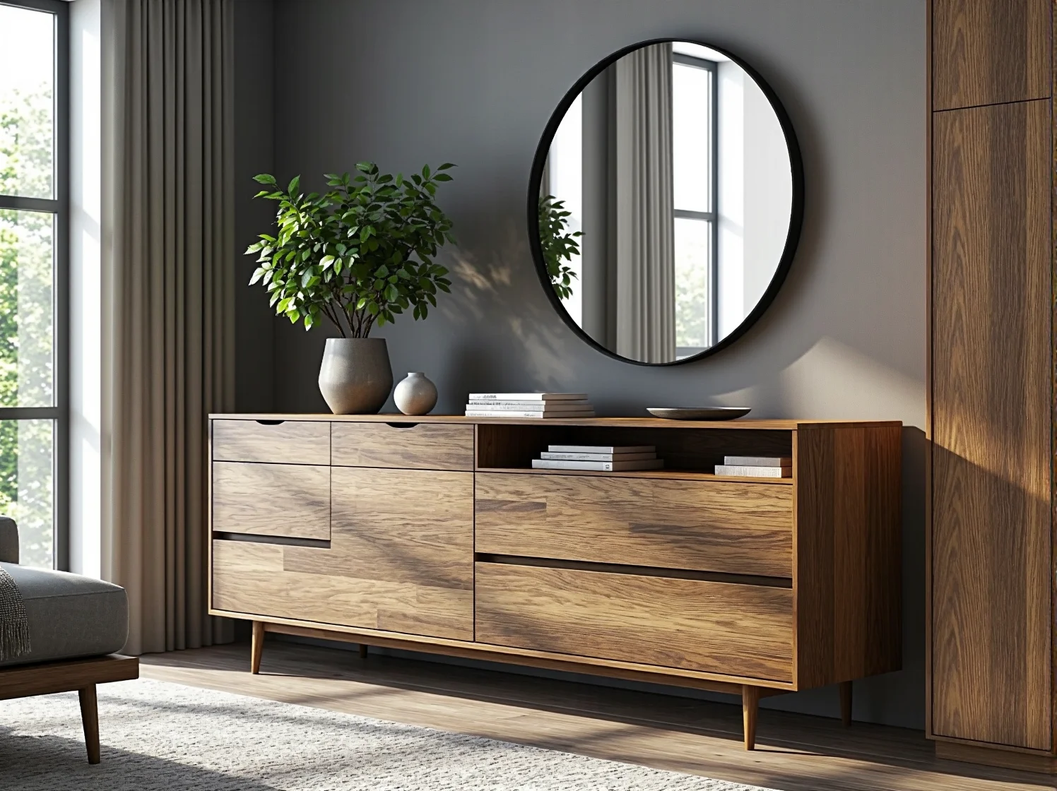 Szara komoda do przedpokoju w nowoczesnej, minimalistycznej aranżacji.