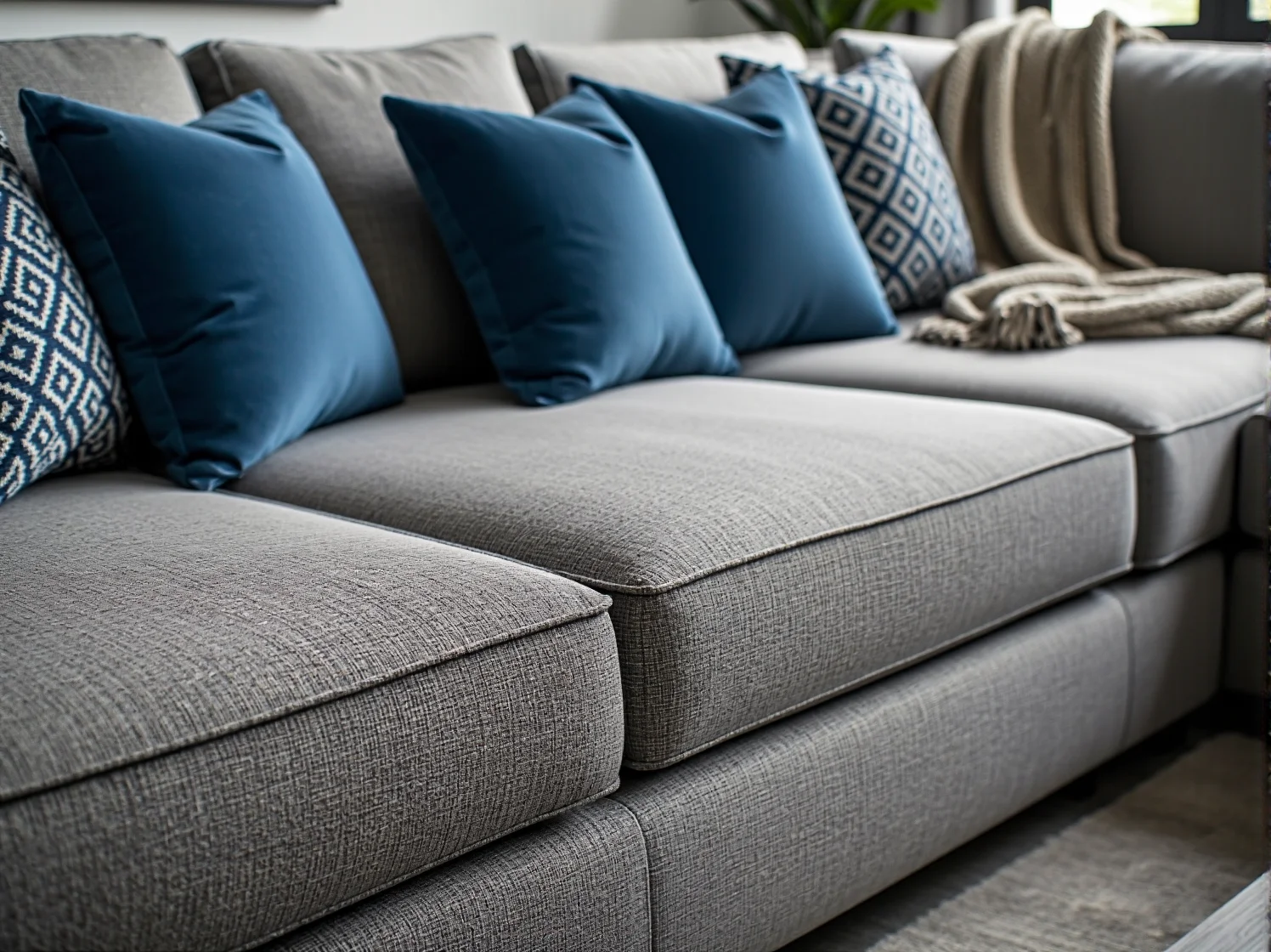 Szary narożnik do domowego gabinetu ustawiony pod oknem, zapewniający komfort podczas przerw w pracy.