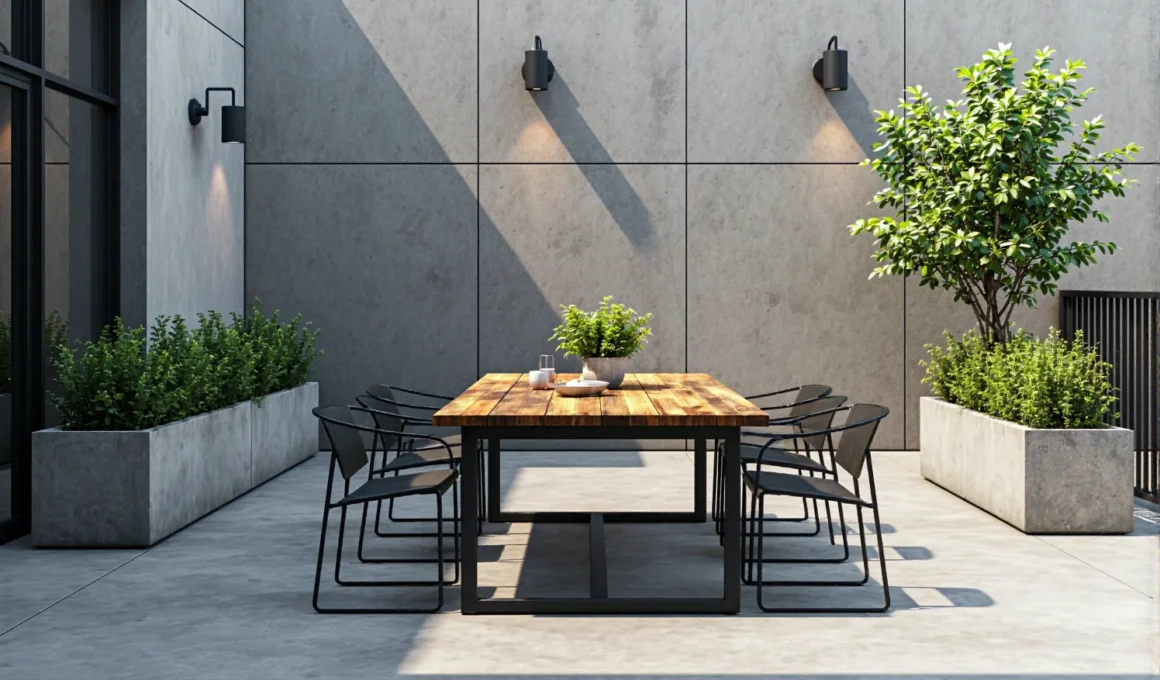 Industrialny stół drewniany z metalowymi nogami i krzesłami