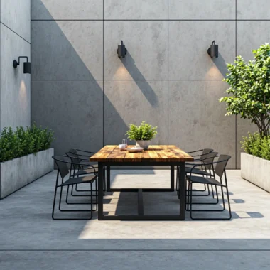 Industrialny stół drewniany z metalowymi nogami i krzesłami