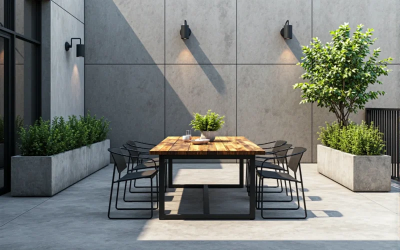 Industrialny stół drewniany z metalowymi nogami i krzesłami