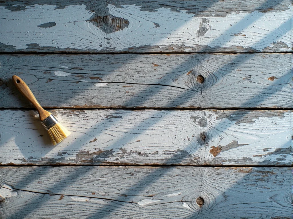 Pędzel malarski na rustykalnych deskach tarasowych w stylu vintage