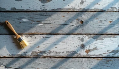 Pędzel malarski na rustykalnych deskach tarasowych w stylu vintage
