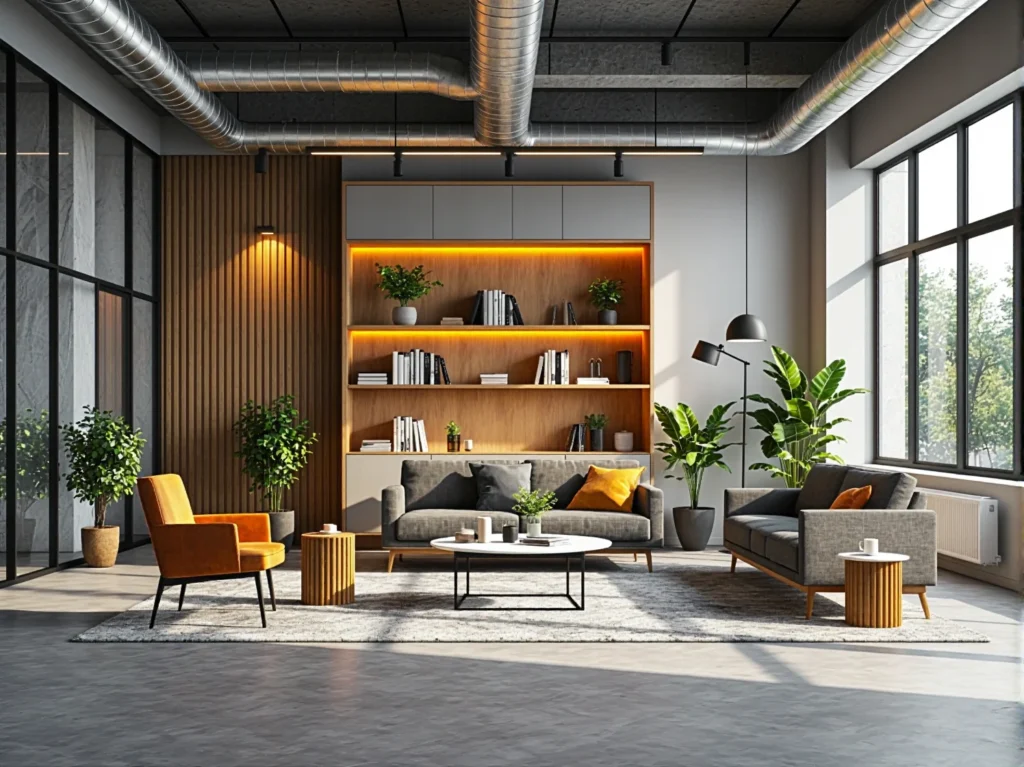 Regał dębowy z oświetleniem LED i szarymi szafkami górnymi