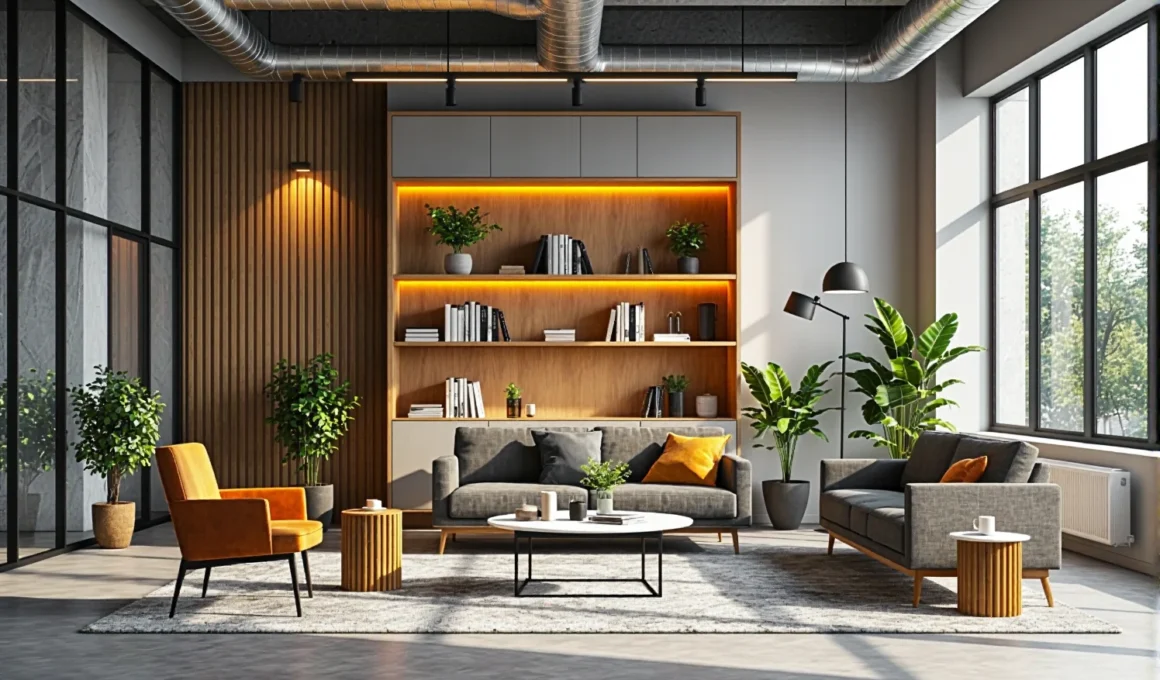 Regał dębowy z oświetleniem LED i szarymi szafkami górnymi