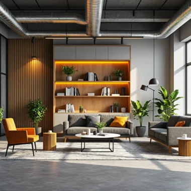 Regał dębowy z oświetleniem LED i szarymi szafkami górnymi