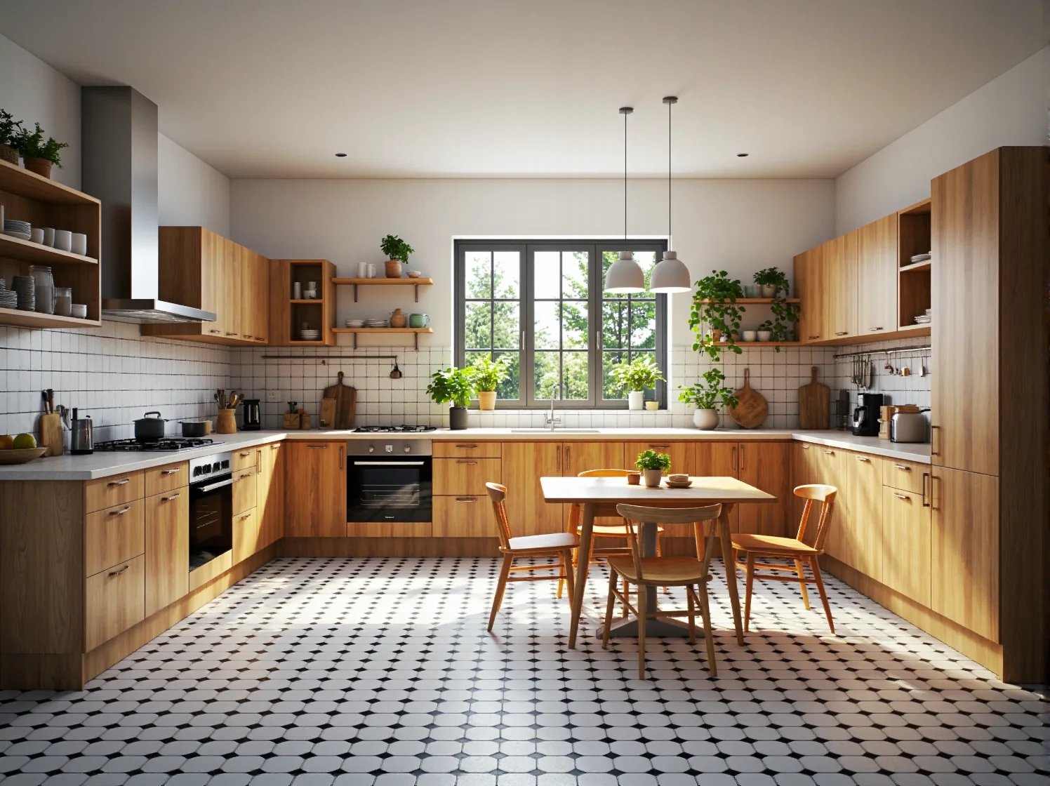 Zabudowa kuchenna dąb naturalny z szufladami i półkami otwartymi