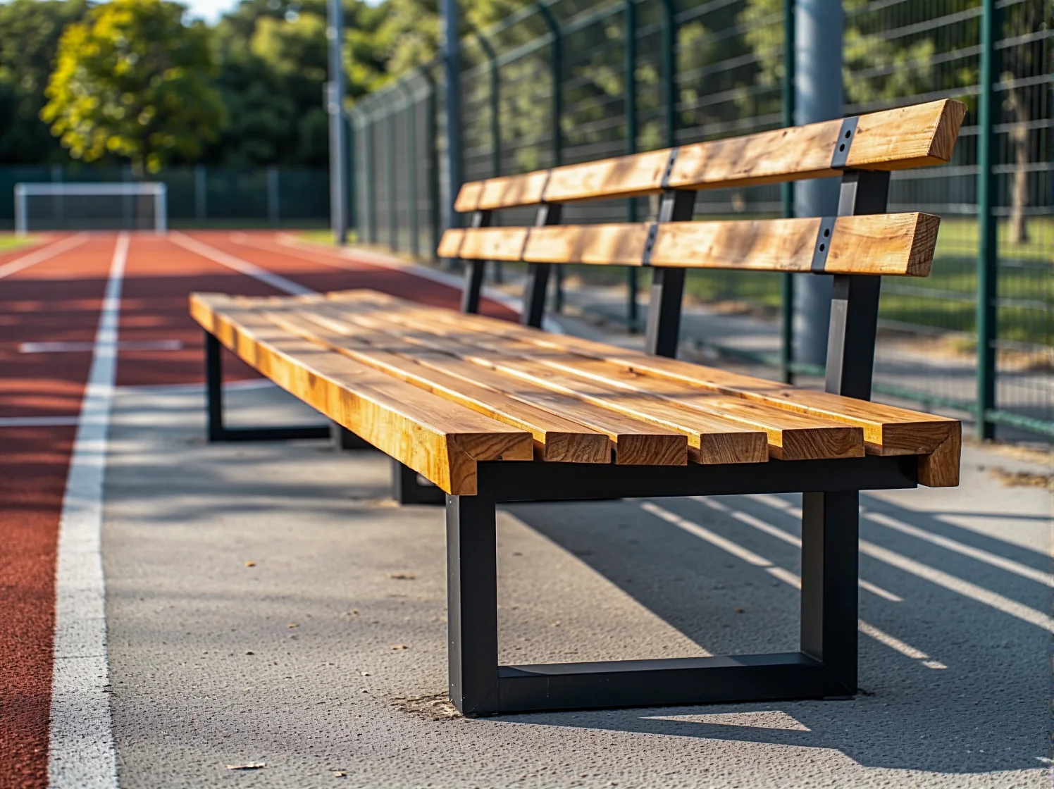 Trwałe meble tarasowe odporne na warunki pogodowe w przestrzeni sportowej.