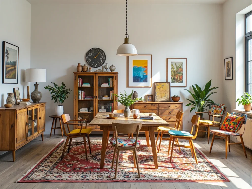 Drewniany stół jadalniany z krzesłami w stylu vintage