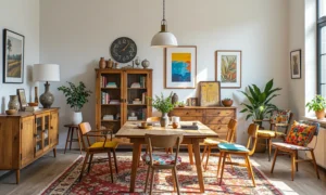 Drewniany stół jadalniany z krzesłami w stylu vintage