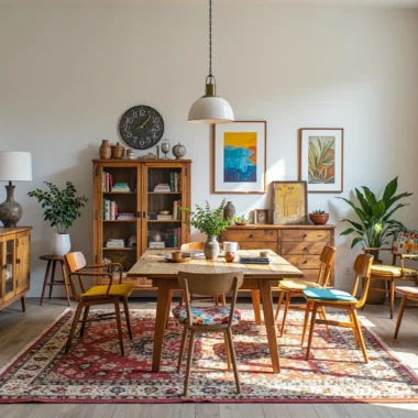 Drewniany stół jadalniany z krzesłami w stylu vintage