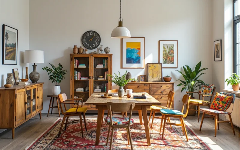 Drewniany stół jadalniany z krzesłami w stylu vintage