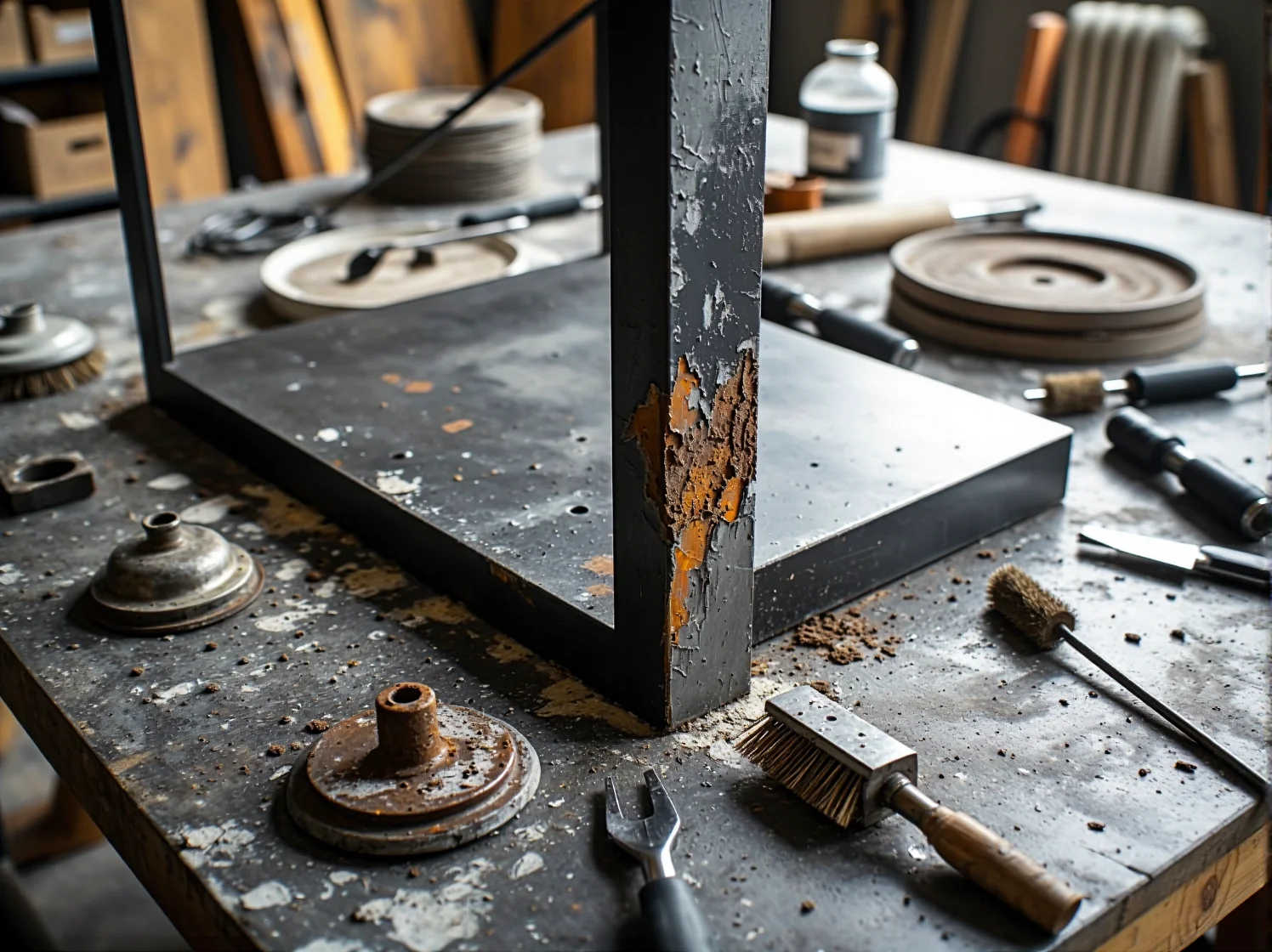 Mechaniczne usuwanie rdzy z metalowej powierzchni podczas odnawiania mebli.