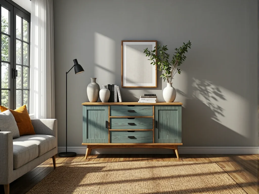 Komoda skandynawska miętowa z dębowym blatem i trzema szufladami