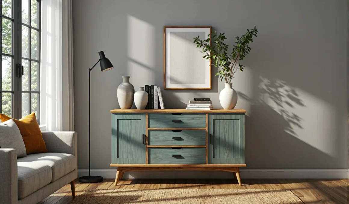 Komoda skandynawska miętowa z dębowym blatem i trzema szufladami