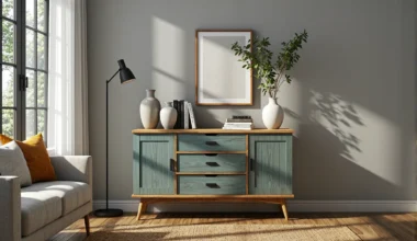 Komoda skandynawska miętowa z dębowym blatem i trzema szufladami