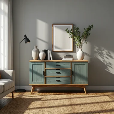 Komoda skandynawska miętowa z dębowym blatem i trzema szufladami