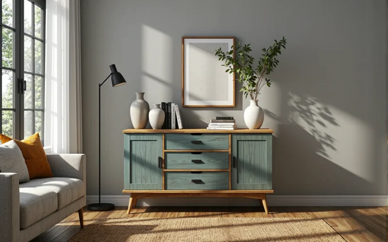 Komoda skandynawska miętowa z dębowym blatem i trzema szufladami