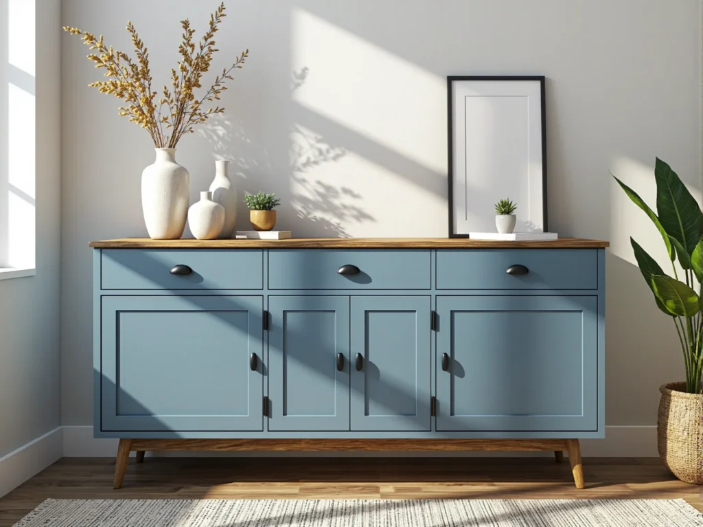 Niebieska komoda z trzema szufladami i dębowym blatem