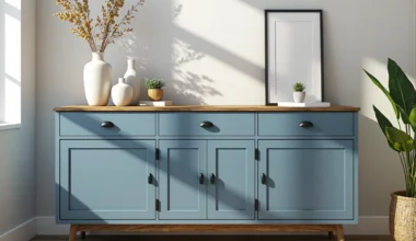 Niebieska komoda z trzema szufladami i dębowym blatem