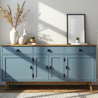 Niebieska komoda z trzema szufladami i dębowym blatem