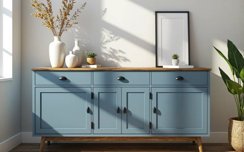 Niebieska komoda z trzema szufladami i dębowym blatem