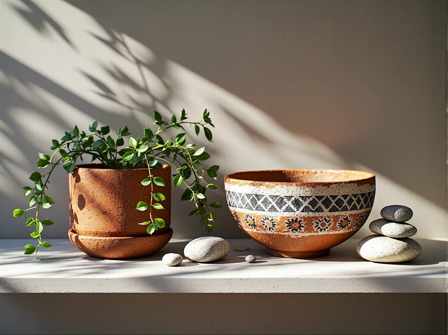 Półka wisząca boho jako stylowy element dekoracyjny na białej ścianie w przytulnym salonie.