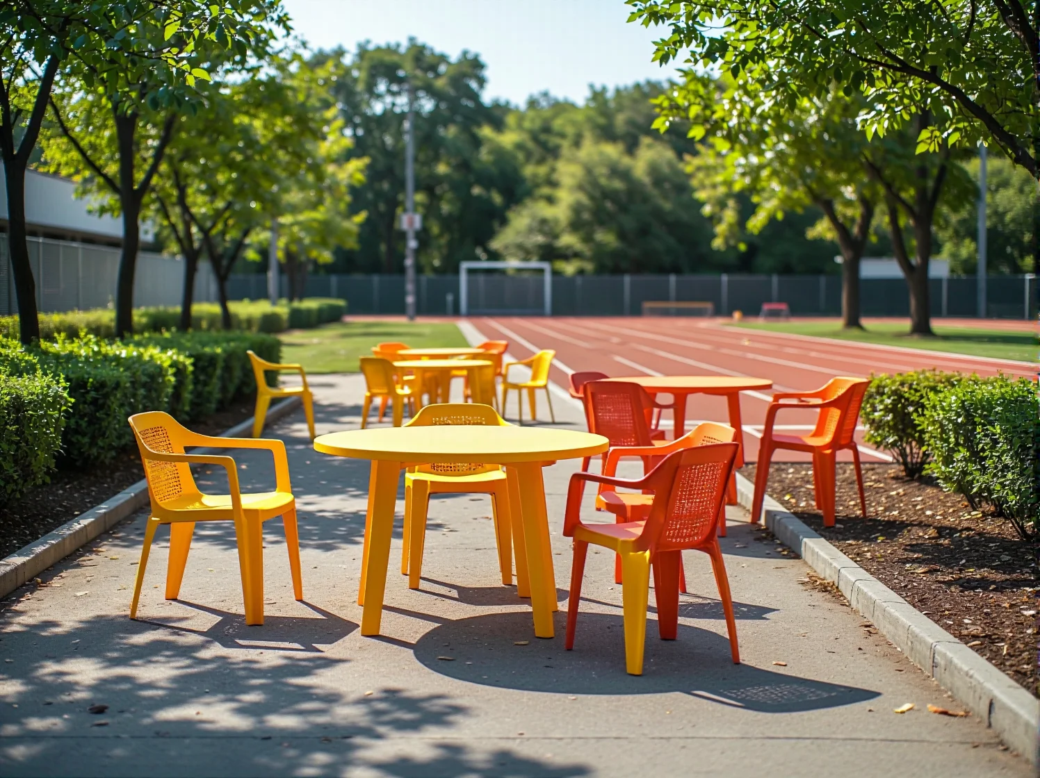 Wygodne leżaki i stoliki zewnętrzne idealne do klubów sportowych.