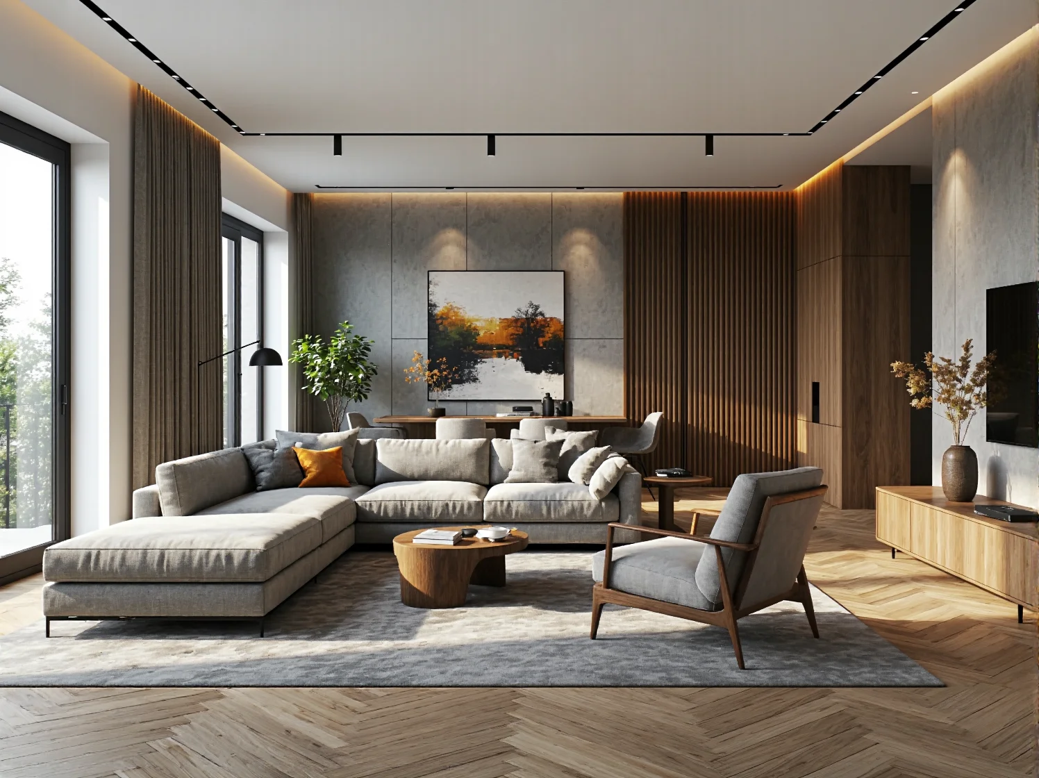 Szerokie, szare łóżko kontynentalne jako centralny punkt eleganckiej sypialni w stylu hotelowym.