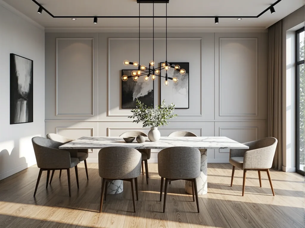 Złota lampa wisząca wielopunktowa nad marmurowym stołem jadalnym