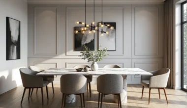 Złota lampa wisząca wielopunktowa nad marmurowym stołem jadalnym