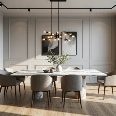 Złota lampa wisząca wielopunktowa nad marmurowym stołem jadalnym